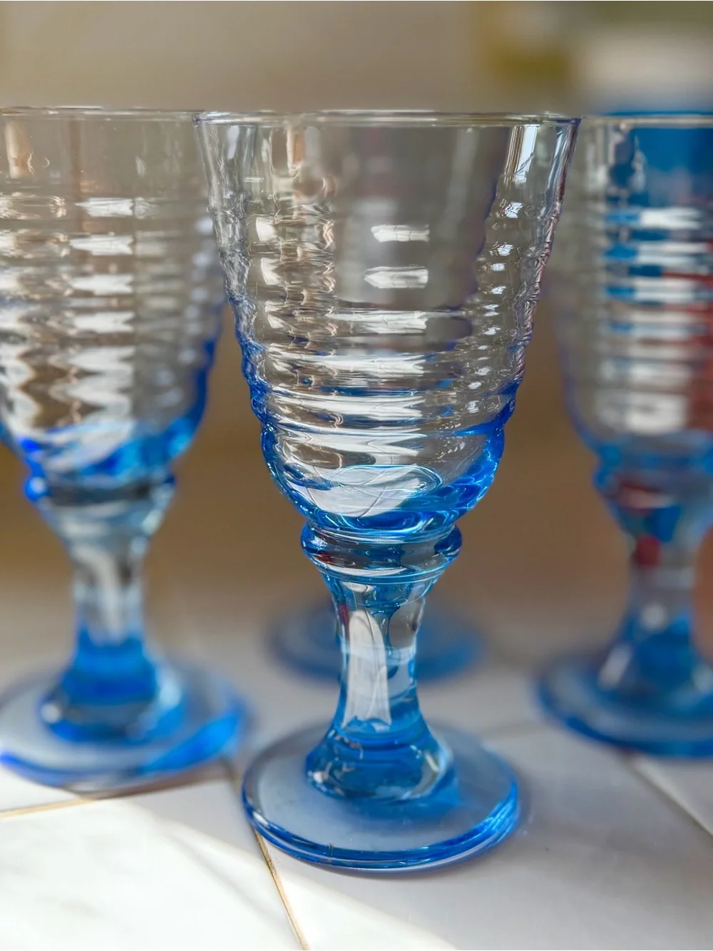 Set of Four, Vintage 90s Blue Ribbed Glass Goblets - Set of Decorative Glasses